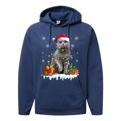 British Shorthair Cat Xmas Light Christmas Kitten Lover Funny Gift Performance Fleece Hoodie