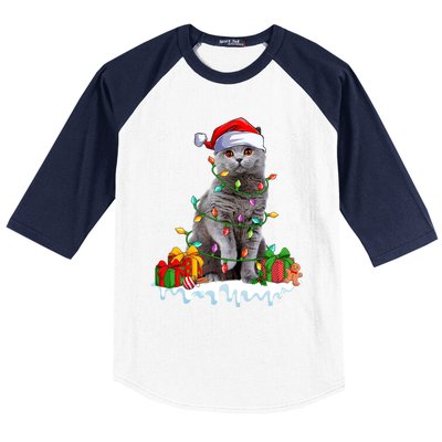 British Shorthair Cat Xmas Light Christmas Kitten Lover Funny Gift Baseball Sleeve Shirt