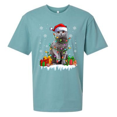 British Shorthair Cat Xmas Light Christmas Kitten Lover Funny Gift Sueded Cloud Jersey T-Shirt