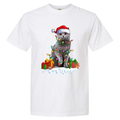 British Shorthair Cat Xmas Light Christmas Kitten Lover Funny Gift Garment-Dyed Heavyweight T-Shirt