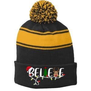 Believe Santa Claus Reindeer Christmas Festive Stripe Pom Pom Beanie