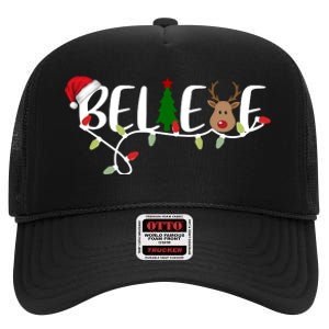 Believe Santa Claus Reindeer Christmas Festive High Crown Mesh Back Trucker Hat