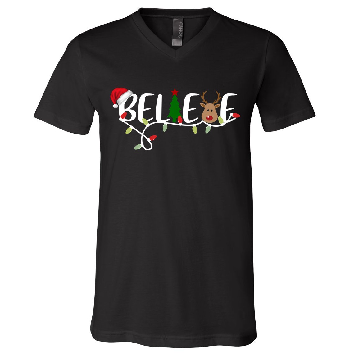Believe Santa Claus Reindeer Christmas Festive V-Neck T-Shirt