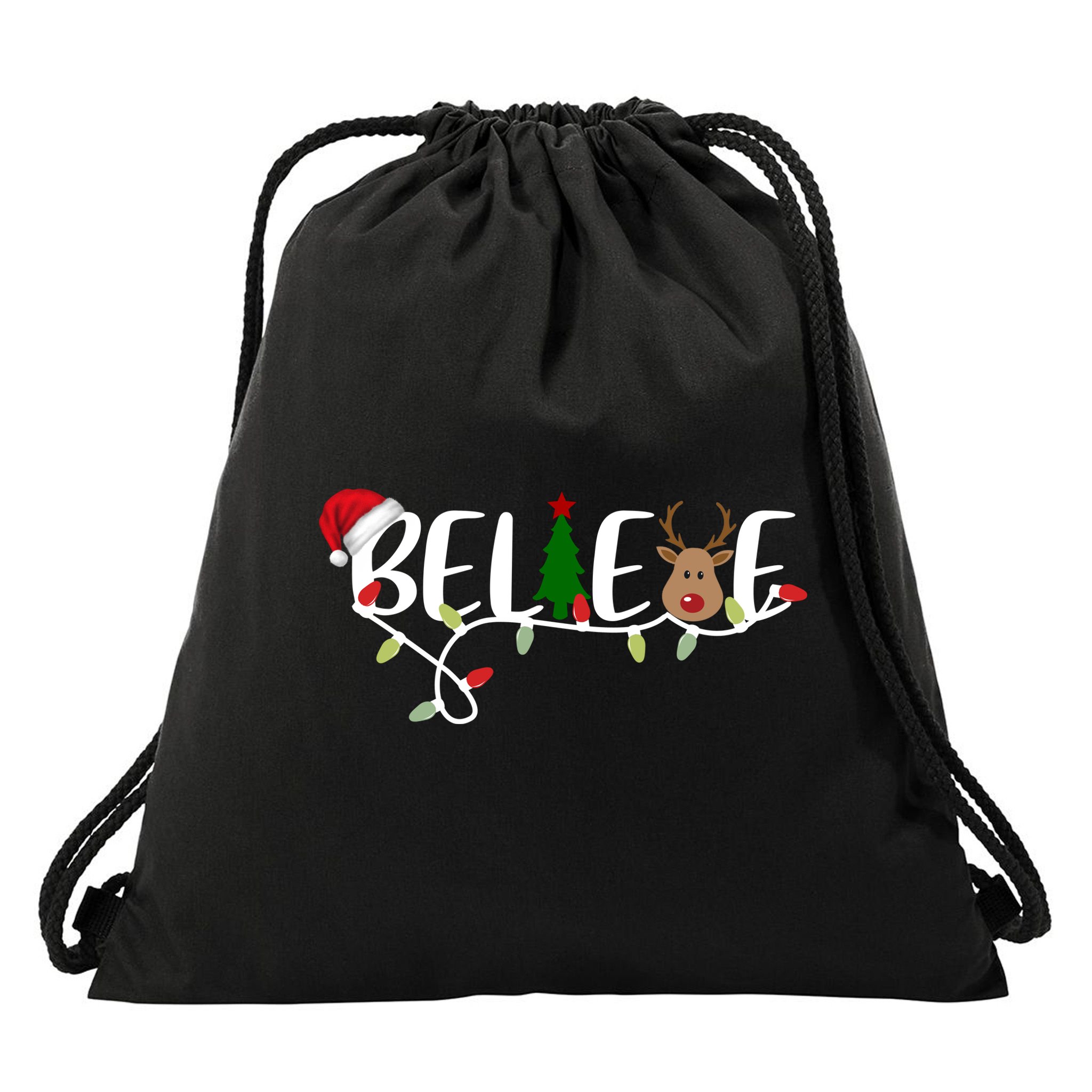 Believe Santa Claus Reindeer Christmas Festive Drawstring Bag