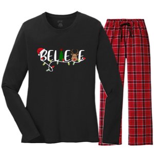 Believe Santa Claus Reindeer Christmas Festive Women's Long Sleeve Flannel Pajama Set 