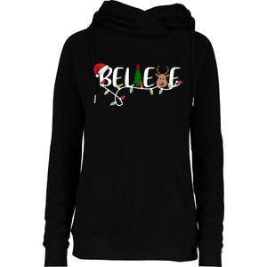 Believe Santa Claus Reindeer Christmas Festive Womens Funnel Neck Pullover Hood