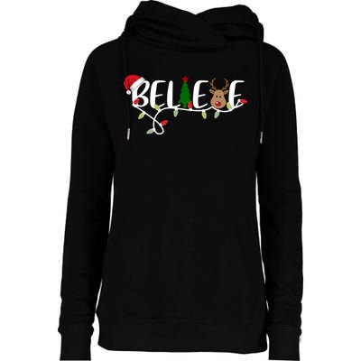 Believe Santa Claus Reindeer Christmas Festive Womens Funnel Neck Pullover Hood
