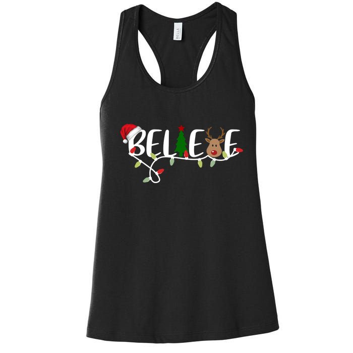 Believe Santa Claus Reindeer Christmas Festive Women's Racerback Tank