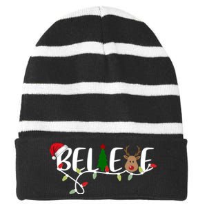 Believe Santa Claus Reindeer Christmas Festive Striped Beanie with Solid Band