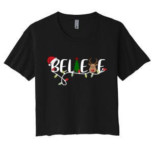 Believe Santa Claus Reindeer Christmas Festive Women's Crop Top Tee