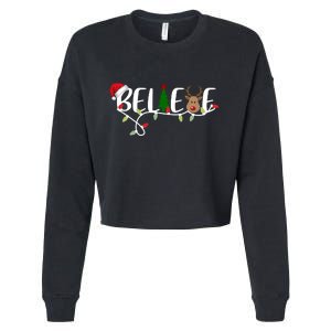 Believe Santa Claus Reindeer Christmas Festive Cropped Pullover Crew