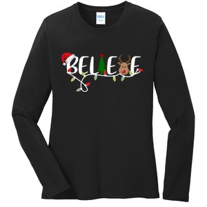 Believe Santa Claus Reindeer Christmas Festive Ladies Long Sleeve Shirt