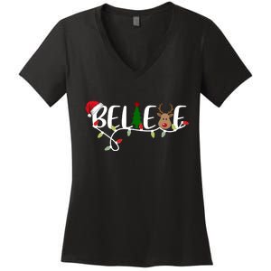 Believe Santa Claus Reindeer Christmas Festive Women's V-Neck T-Shirt