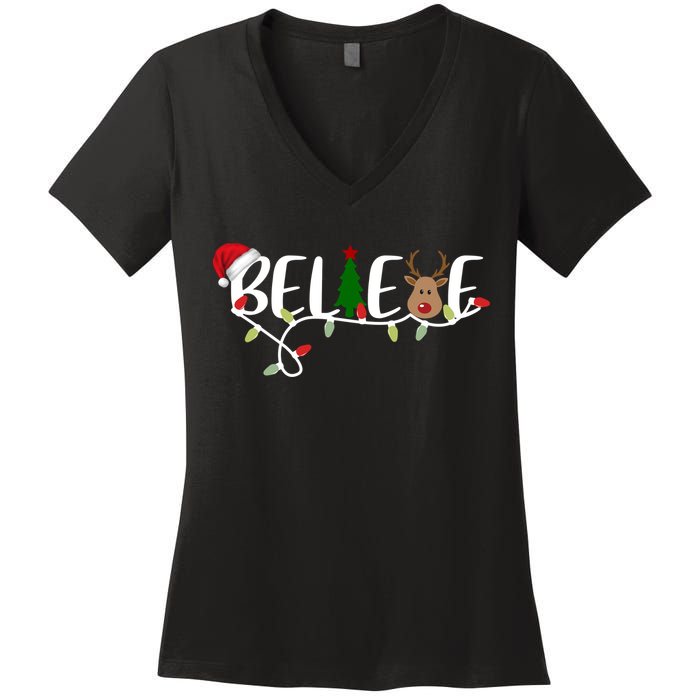Believe Santa Claus Reindeer Christmas Festive Women's V-Neck T-Shirt