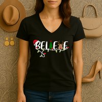 Believe Santa Claus Reindeer Christmas Festive Women's V-Neck T-Shirt