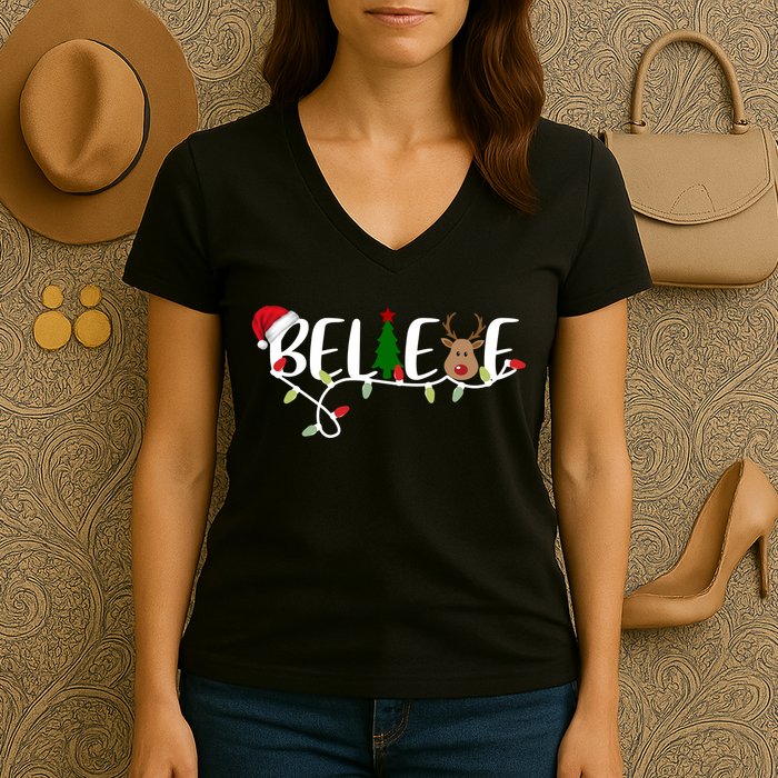 Believe Santa Claus Reindeer Christmas Festive Women's V-Neck T-Shirt