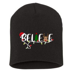 Believe Santa Claus Reindeer Christmas Festive Short Acrylic Beanie