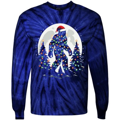 Bigfoot Santa Christmas Tree Lights Funny Xmas Sasquatch Tie-Dye Long Sleeve Shirt