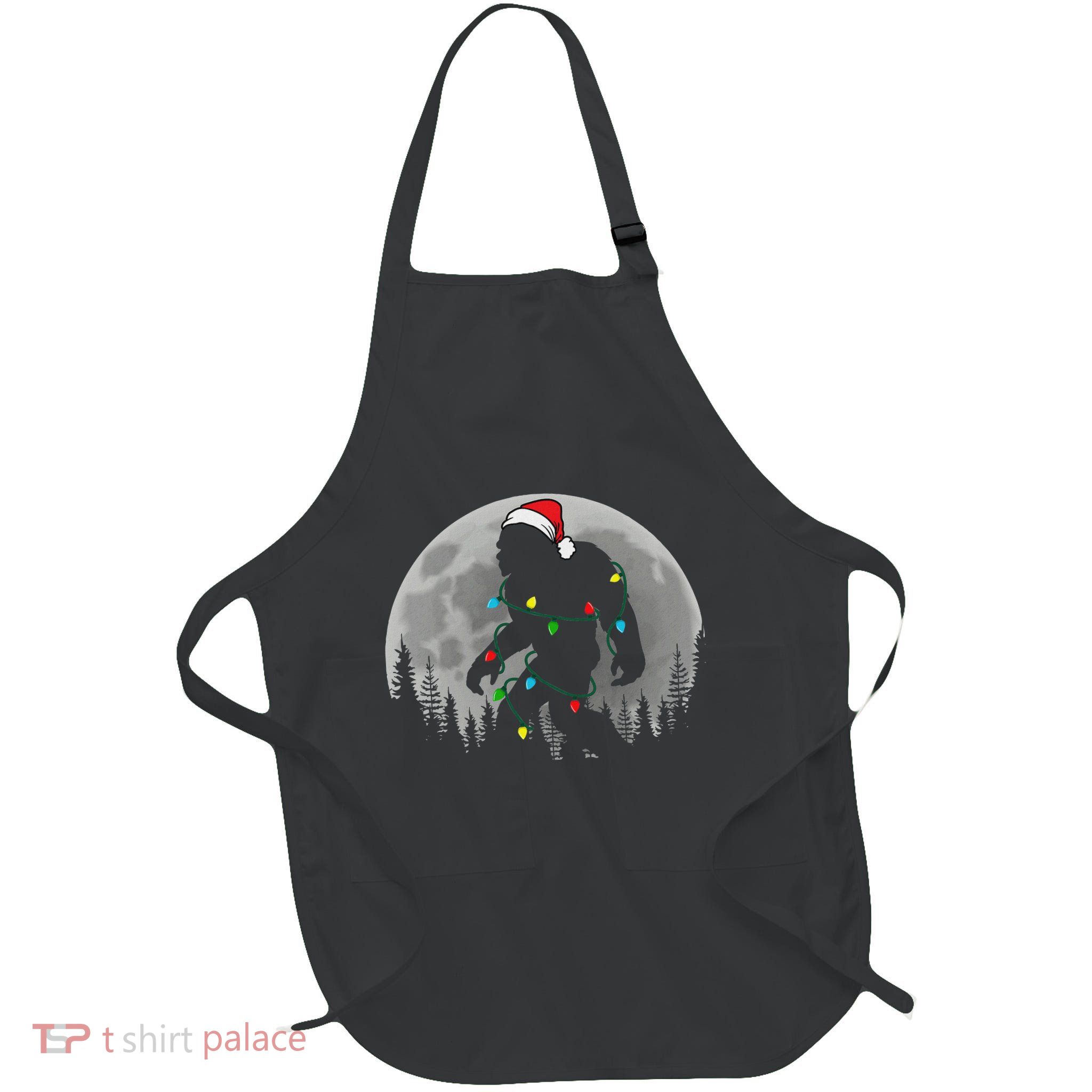 Bigfoot Santa Christmas Tree Lights Funny Xmas Sasquatch Full-Length Apron With Pockets
