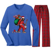 Bigfoot Santa Christmas Rock And Roll Guitar Funny Sasquatch Great Gift Women's Long Sleeve Flannel Pajama Set 