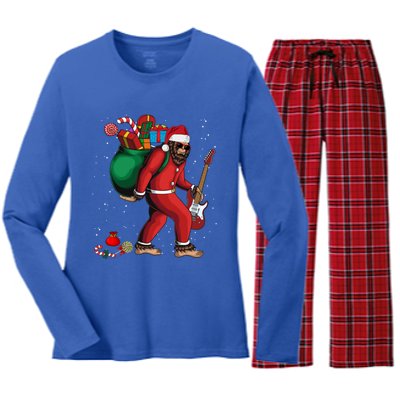 Bigfoot Santa Christmas Rock And Roll Guitar Funny Sasquatch Great Gift Women's Long Sleeve Flannel Pajama Set 