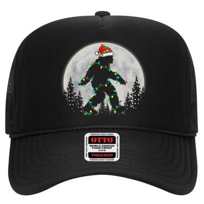 Bigfoot Santa Christmas Tree Lights Funny Xmas Sasquatch High Crown Mesh Back Trucker Hat