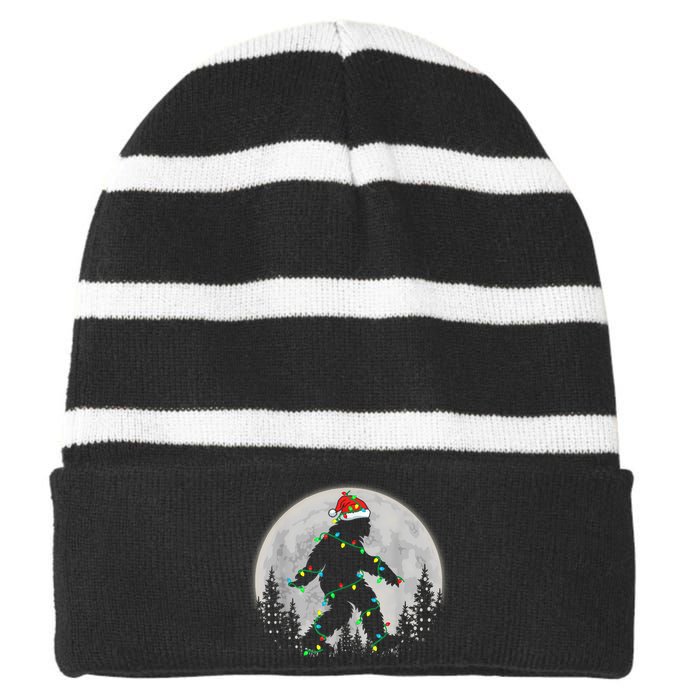 Bigfoot Santa Christmas Tree Lights Funny Xmas Sasquatch Striped Beanie with Solid Band