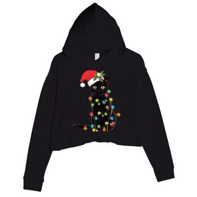 Black Santa Cat Tangled Up In Lights Christmas Santa Crop Fleece Hoodie