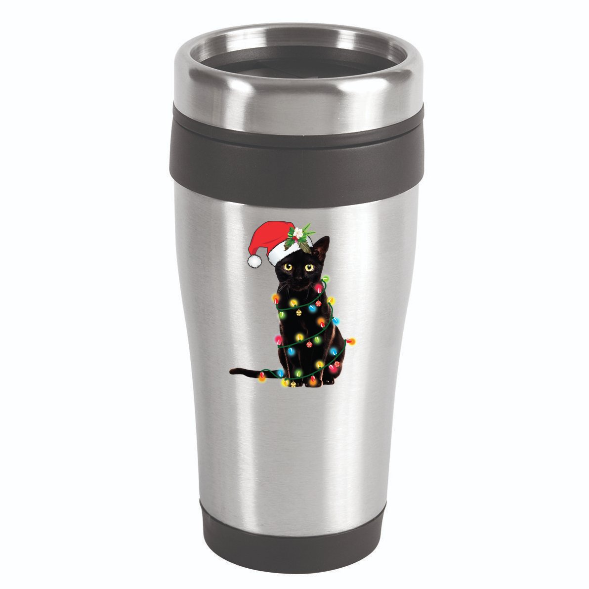 Black Santa Cat Tangled Up In Lights Christmas Santa 16oz Travel Tumbler