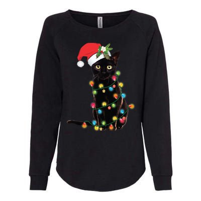 Black Santa Cat Tangled Up In Lights Christmas Santa Womens California Wash Sweatshirt