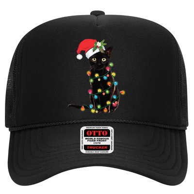 Black Santa Cat Tangled Up In Lights Christmas Santa Trucker Hat