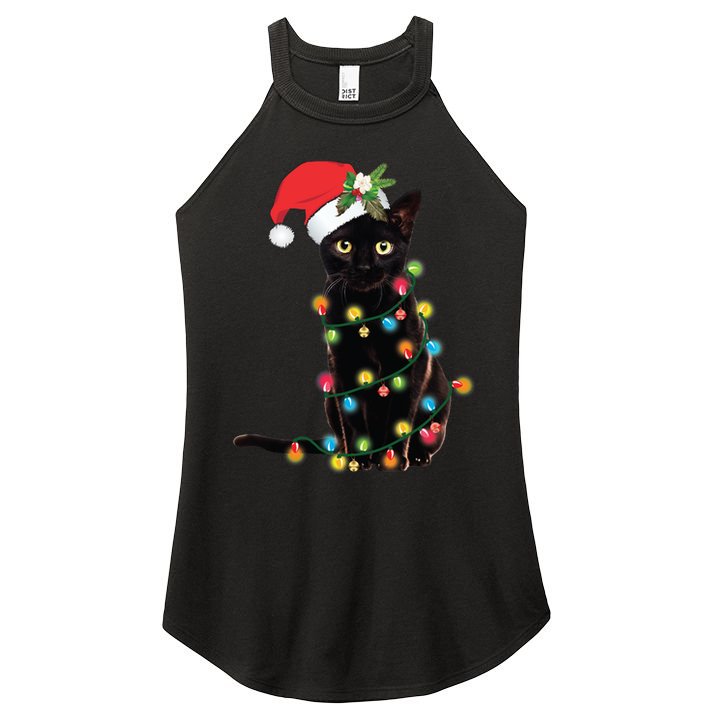 Black Santa Cat Tangled Up In Lights Christmas Santa Women's Perfect Tri Rocker Tank