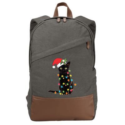 Black Santa Cat Tangled Up In Lights Christmas Santa Cotton Canvas Backpack