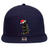 Black Santa Cat Tangled Up In Lights Christmas Santa 7 Panel Mesh Trucker Snapback Hat
