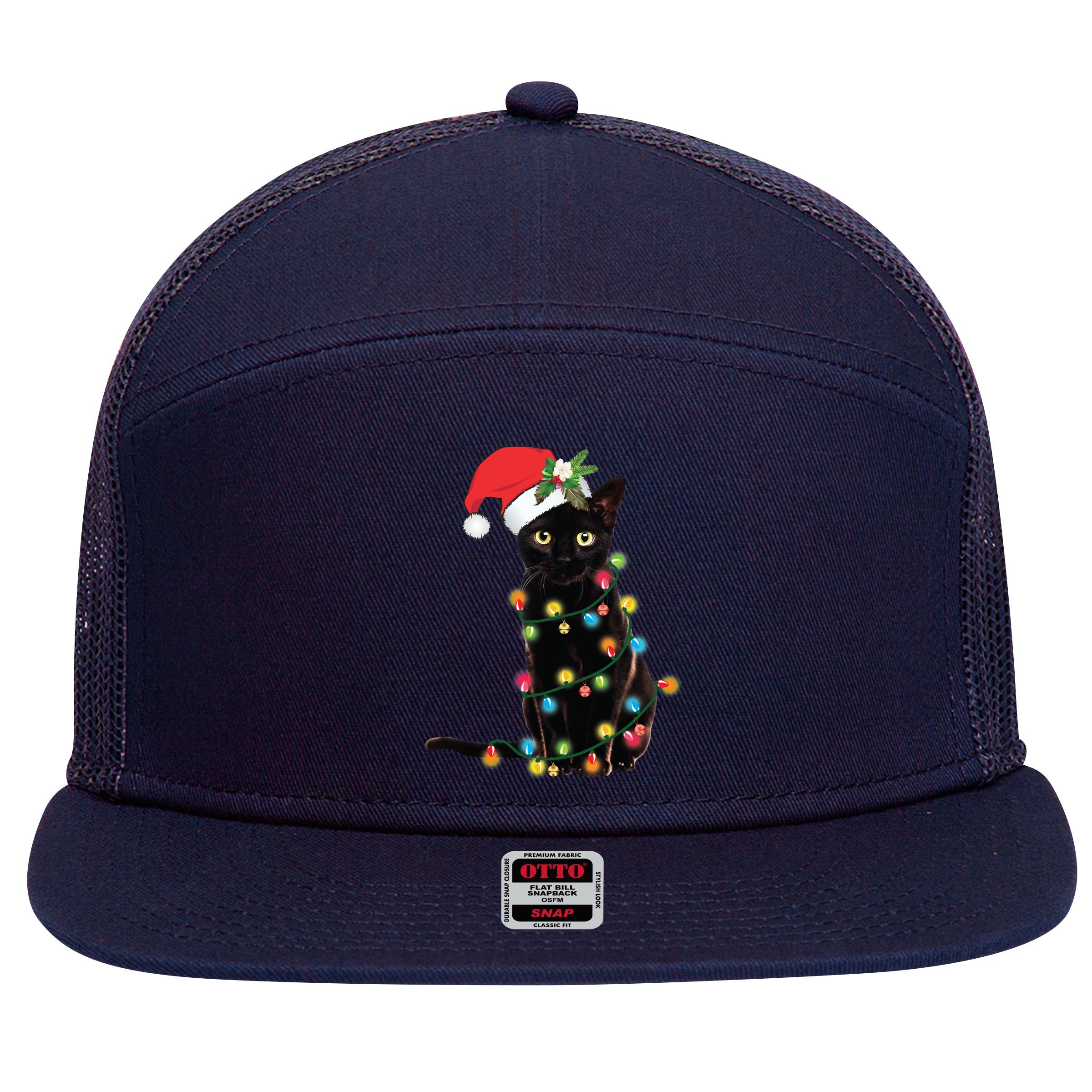 Black Santa Cat Tangled Up In Lights Christmas Santa 7 Panel Mesh Trucker Snapback Hat