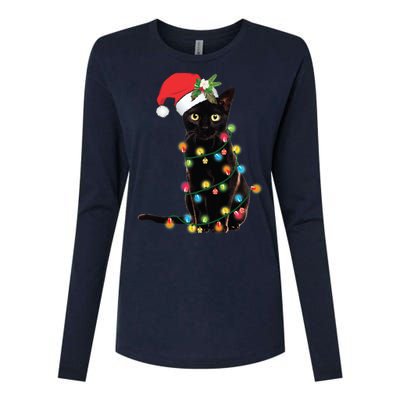 Black Santa Cat Tangled Up In Lights Christmas Santa Womens Cotton Relaxed Long Sleeve T-Shirt