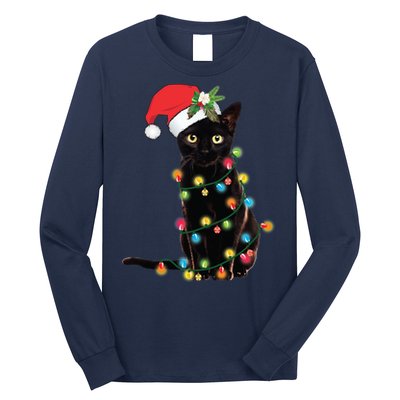 Black Santa Cat Tangled Up In Lights Christmas Santa Long Sleeve Shirt