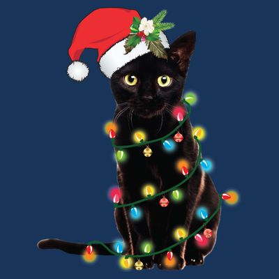 Black Santa Cat Tangled Up In Lights Christmas Santa T-Shirt