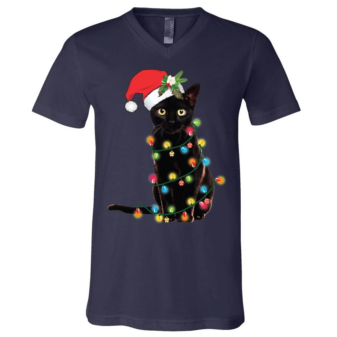 Black Santa Cat Tangled Up In Lights Christmas Santa V-Neck T-Shirt