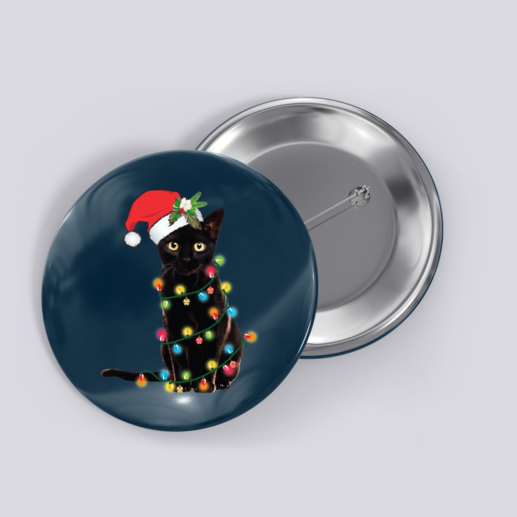 Black Santa Cat Tangled Up In Lights Christmas Santa Button