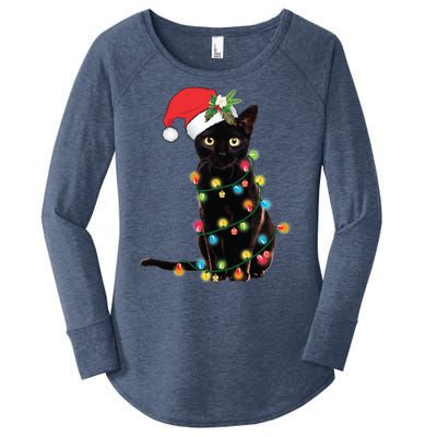 Black Santa Cat Tangled Up In Lights Christmas Santa Women's Perfect Tri Tunic Long Sleeve Shirt