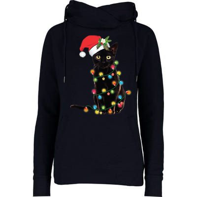 Black Santa Cat Tangled Up In Lights Christmas Santa Womens Funnel Neck Pullover Hood