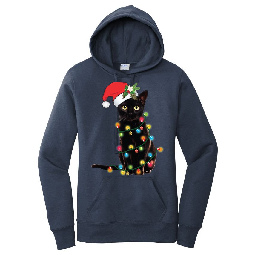 Black Santa Cat Tangled Up In Lights Christmas Santa Women's Pullover Hoodie