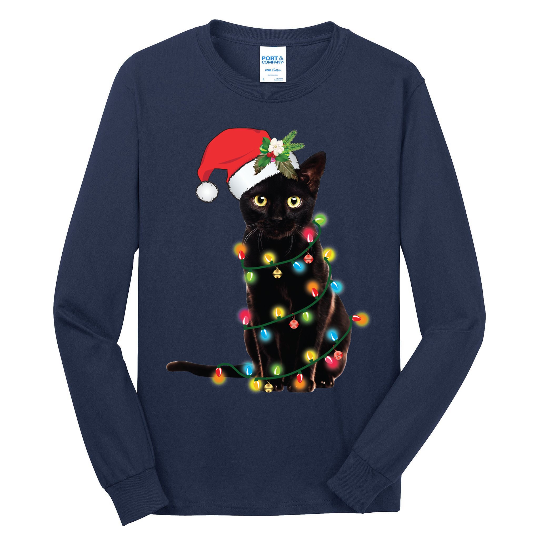 Black Santa Cat Tangled Up In Lights Christmas Santa Tall Long Sleeve T-Shirt
