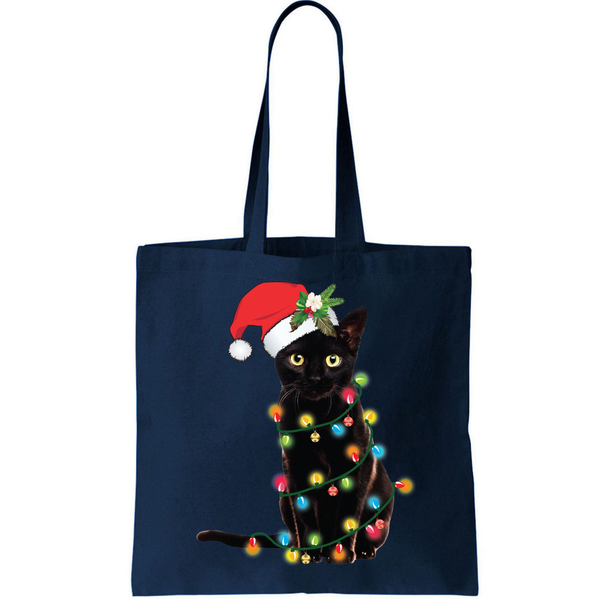Black Santa Cat Tangled Up In Lights Christmas Santa Bag