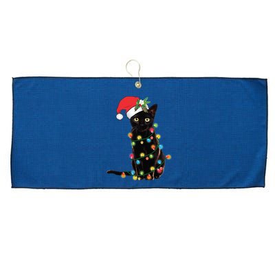 Black Santa Cat Tangled Up In Lights Christmas Santa Large Microfiber Waffle Golf Towel