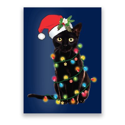 Black Santa Cat Tangled Up In Lights Christmas Santa Poster