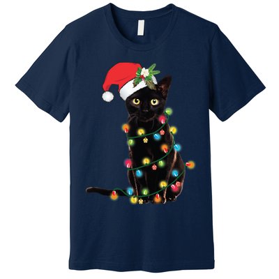 Black Santa Cat Tangled Up In Lights Christmas Santa Premium T-Shirt