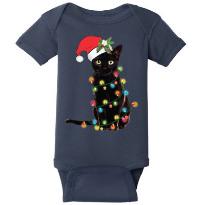 Black Santa Cat Tangled Up In Lights Christmas Santa Baby Bodysuit