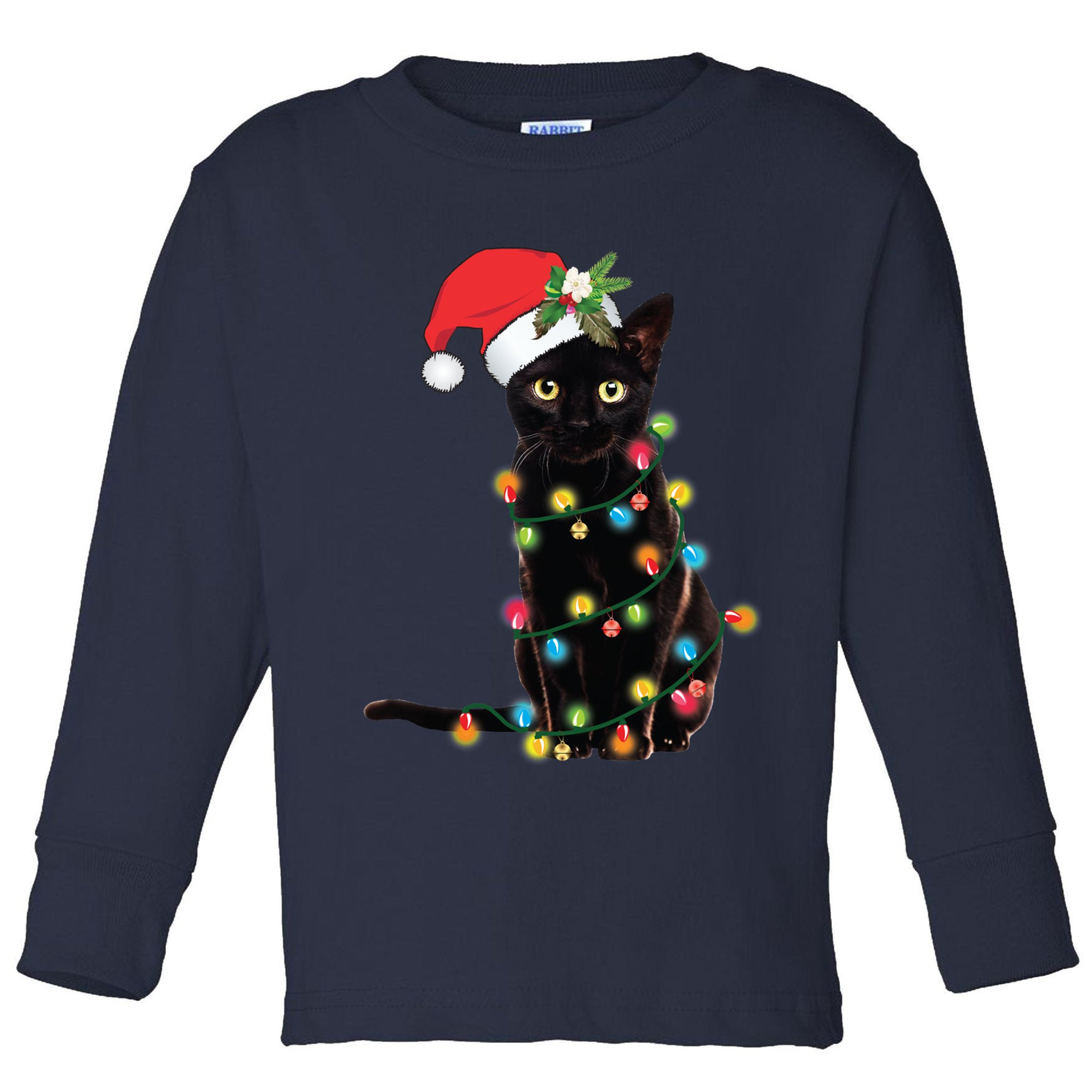 Black Santa Cat Tangled Up In Lights Christmas Santa Toddler Long Sleeve Shirt